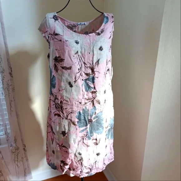 NWT PURO LINO 100% Linen Dress Made in Italy Floral Print Cap Sleeve Pockets M - Picture 17 of 17